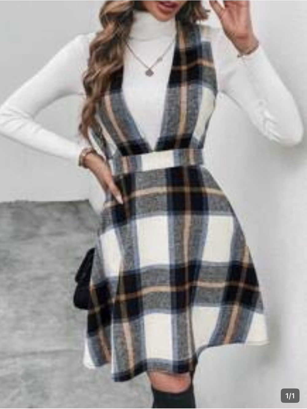SHEIN White, Navy & Tan Plaid V-Neck Sleeveless Fit & Flare Mini Dress